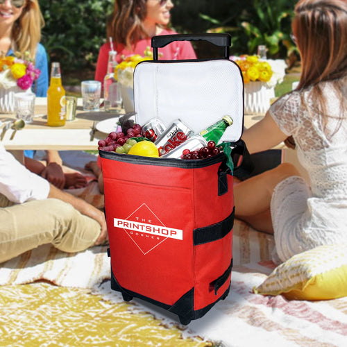 Personalized Coolers Custom Branded w/ your logo - Soft Insulated Rolling Cooler Bag for Party Beverages at the Beach Promo on Wheels